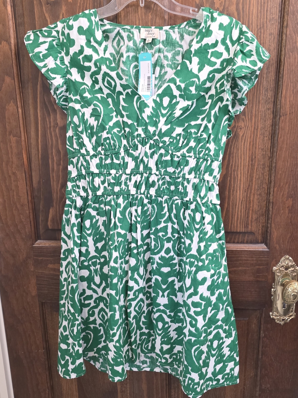 Stitch Fix NWT Green and White Patterned Mini Dress with Smocked Waist